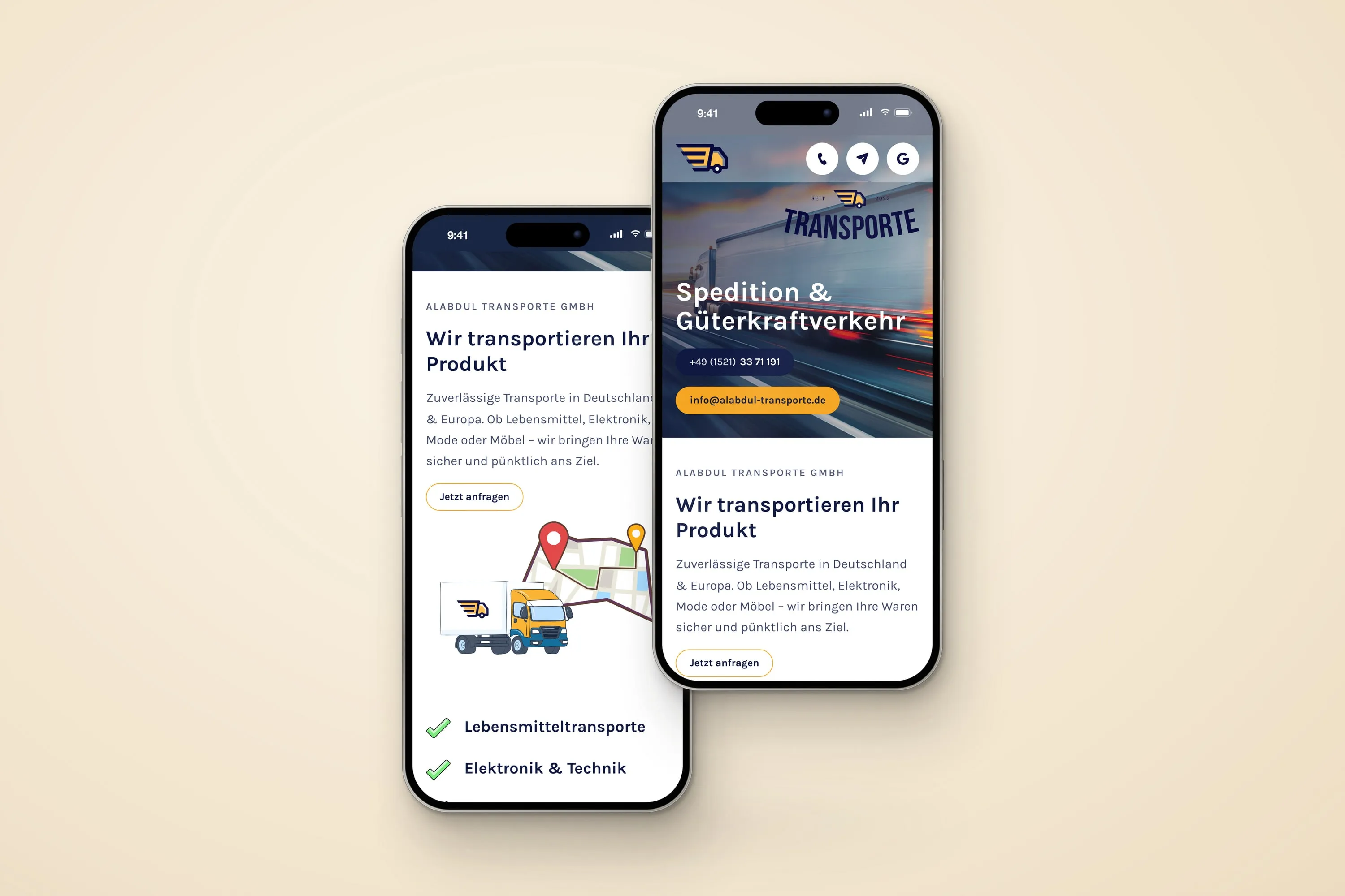 Website von Alabdul Transporte auf zwei Handys, oben Symbole für Anruf, E-Mail und Google, darunter der Knopf Jetzt anfragen