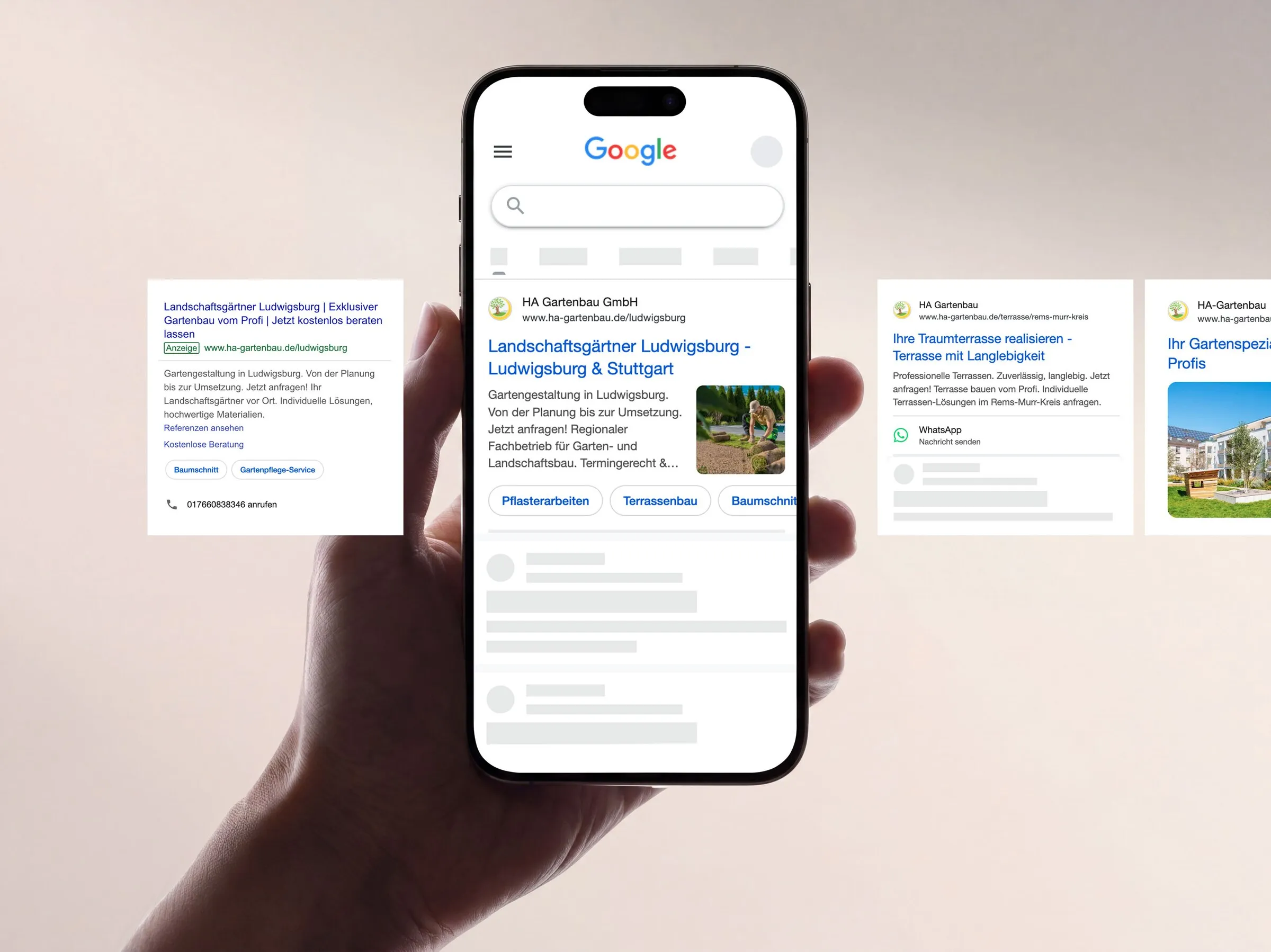 Google-Suche am Handy mit der Anzeige von HA Gartenbau für Landschaftsgärtner in Ludwigsburg und Stuttgart, daneben weitere Anzeigen für Terrassenbau im Rems-Murr-Kreis