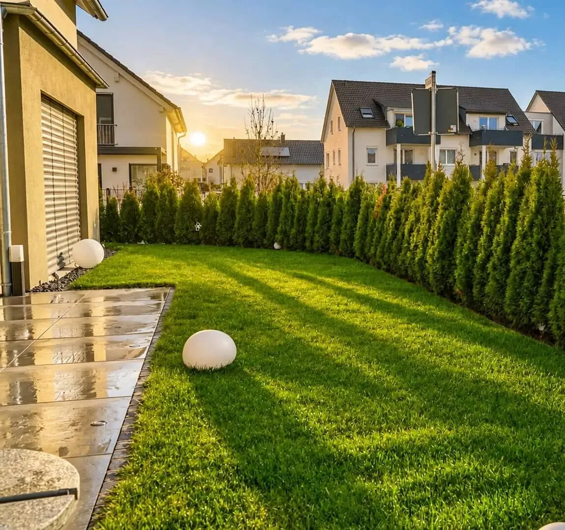 Privatgarten in Benningen von HA Gartenbau: Rasen, Thujahecke und Leuchtkugeln im Abendlicht