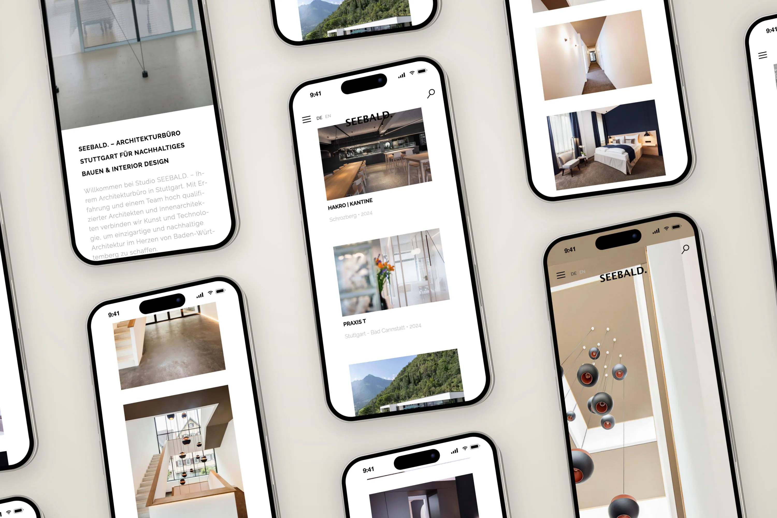 Website von SEEBALD. auf mehreren Handys, mit Projektliste, großen Projektfotos vom Hotel Bischoffs und der Leistungsseite für Stuttgart