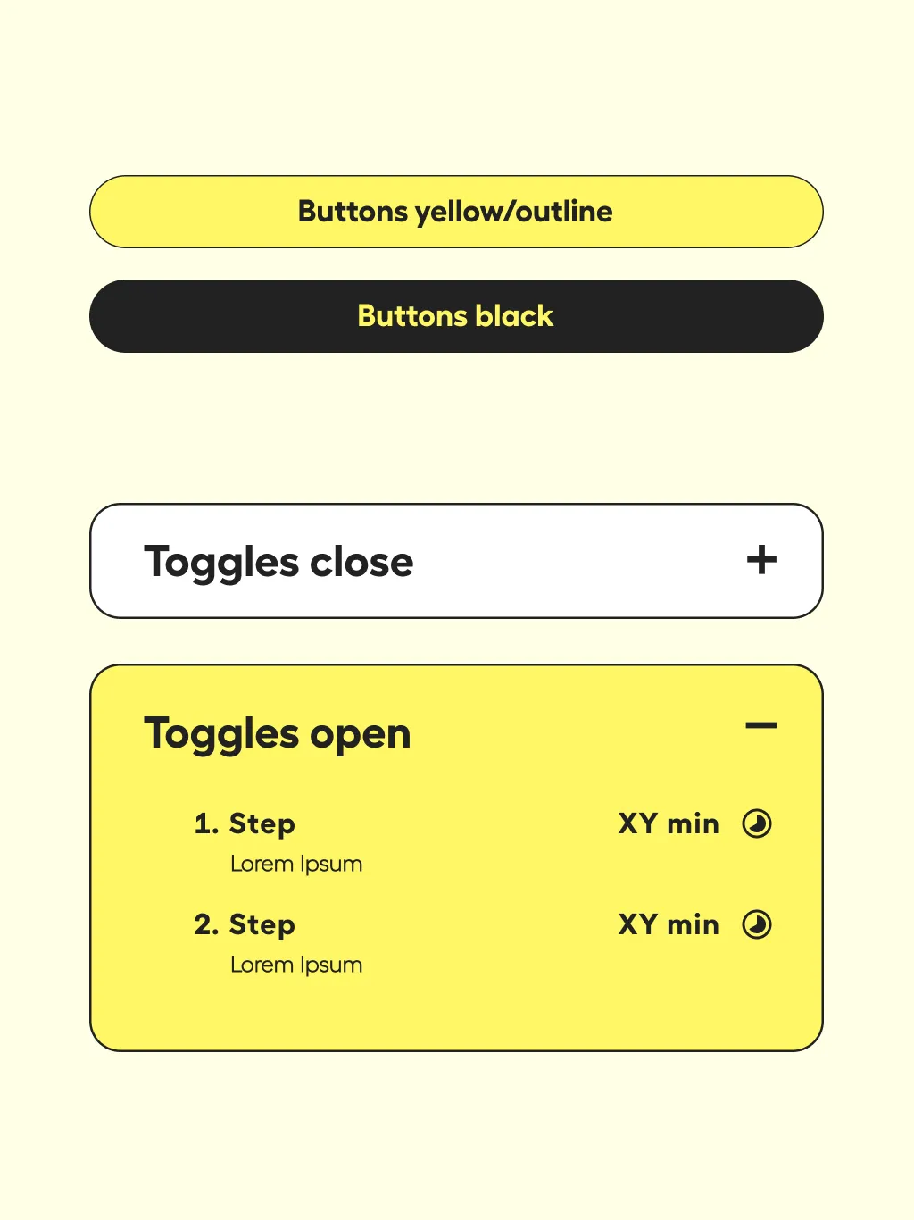 Bedienelemente der Website: Buttons in Gelb und Schwarz, Aufklapper geschlossen und offen