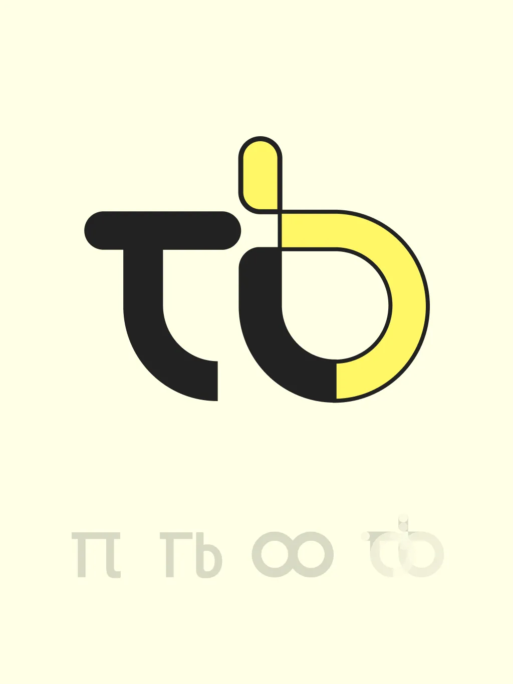 Logo-Zeichen von Tillmann Brandt: t und b aus einem Strich, in Schwarz und Gelb, darunter Skizzen mit Pi, Tb und Unendlich